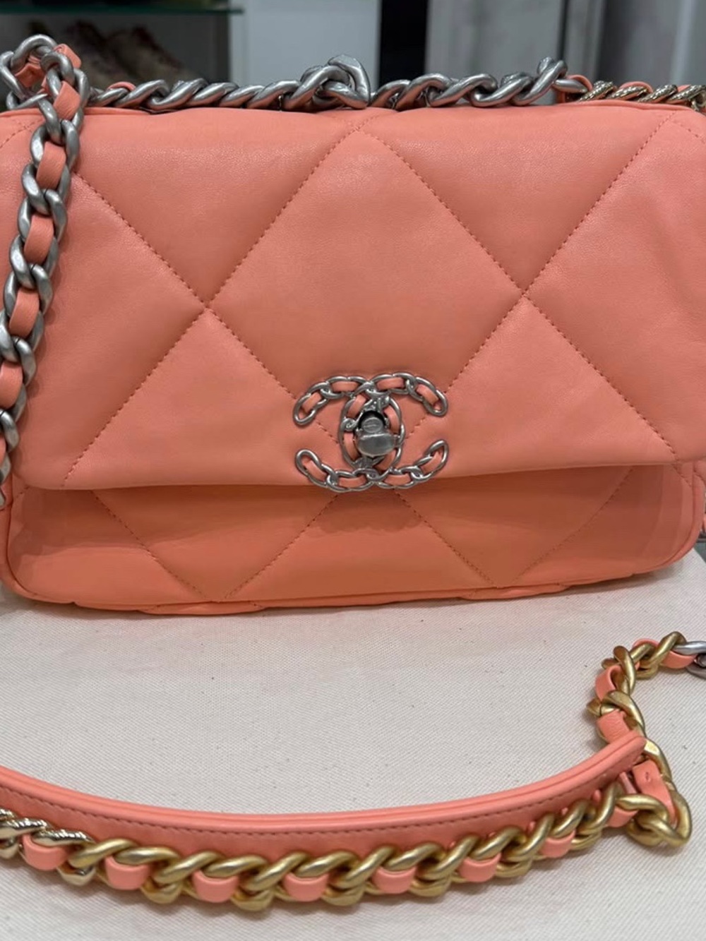 CHANEL Coral Quilted Lambskin Shoulder Bag with Mixed Metal Chain